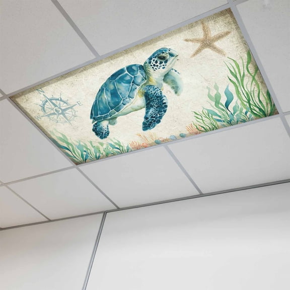 Fluorescent Light Covers for Ceiling Lights Classroom, Beach Coastal Theme Magnetic Ceiling Light Cover Filter for School,Office, 2X4 FT, Pack of 1, Vintage Sea Turtle