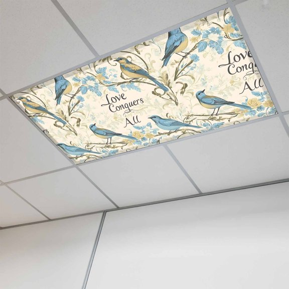 Fluorescent Light Covers for Ceiling Lights Classroom, Blue Birds Yellow Flowers Magnetic Ceiling Light Cover Filter for School,Office, 2X4 FT, Pack of 1, Vintage Chinoiserie