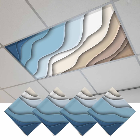 Fluorescent Light Covers for Ceiling Lights Classroom, Blue Brown Beach Coastal Magnetic Ceiling Light Cover Filter for School,Office, 2X4 FT, Pack of 4, Abstract Geometric Ocean Waves
