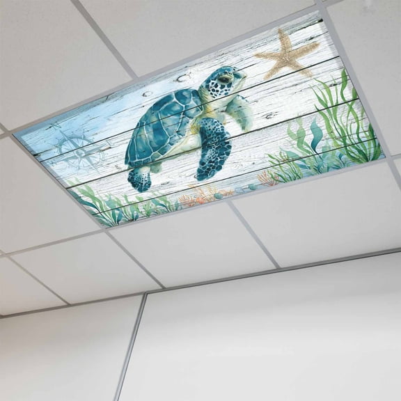Fluorescent Light Covers for Ceiling Lights Classroom, Blue Coastal Nautical Ocean Magnetic Ceiling Light Cover Filter for School,Office, 2X4 FT, Pack of 1, Sea Turtle on Wood Texture