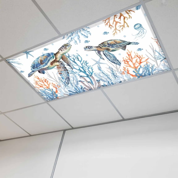 Fluorescent Light Covers for Ceiling Lights Classroom, Blue Coastal Ocean Magnetic Ceiling Light Cover Filter for School,Office, 2X4 FT, Pack of 1, Sea Turtle Starfish Coral White