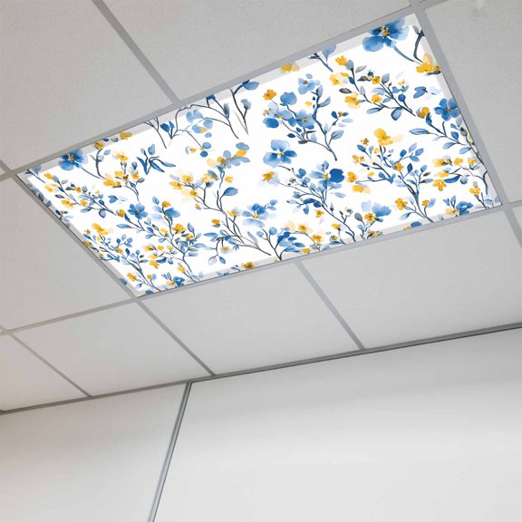 Fluorescent Light Covers for Ceiling Lights Classroom, Blue Yellow Florl Print Magnetic Ceiling Light Cover Filter for School,Office, 2X4 FT, Pack of 1, Rustic Wild Flowers Pattern