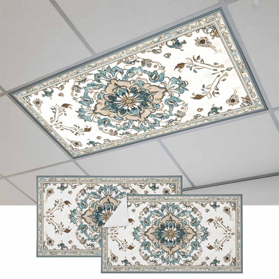 Fluorescent Light Covers for Ceiling Lights Classroom, Boho Magnetic Ceiling Light Cover Filter for School,Office, 2X4 FT, Pack of 2, Retro Pattern Aqua Blue