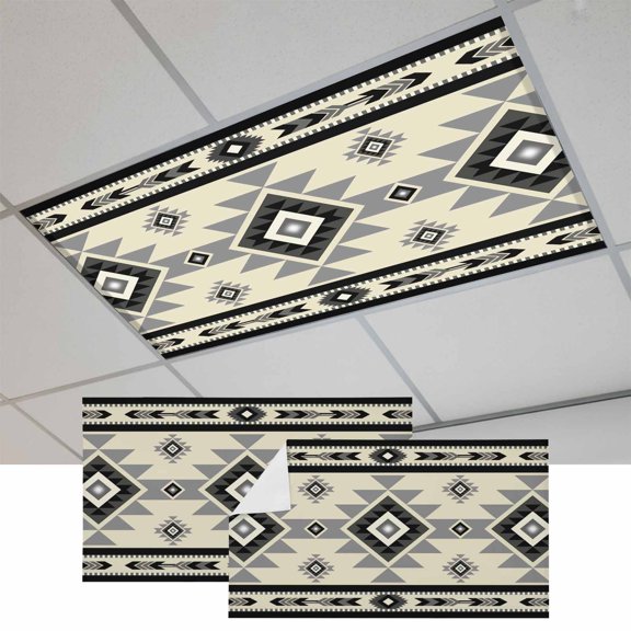 Fluorescent Light Covers for Ceiling Lights Classroom, Boho Southwest Magnetic Ceiling Light Cover Filter for School,Office, 2X4 FT, Pack of 2, Aztec Tribal Retro Geometric Patterns Gray