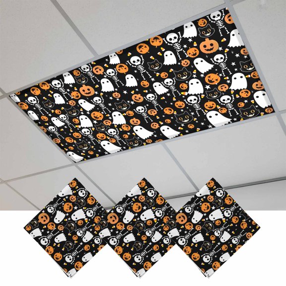 Fluorescent Light Covers for Ceiling Lights Classroom, Cartoon Halloween Magnetic Ceiling Light Cover Filter for School,Office, 2X4 FT, Pack of 3, White Ghosts Skull Orange Pumpkin Black Cat