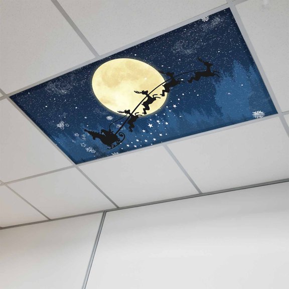 Fluorescent Light Covers for Ceiling Lights Classroom, Christmas Magnetic Ceiling Light Cover Filter for School,Office, 2X4 FT, Pack of 1, Santa Claus Reindeer Blue Snowy Night
