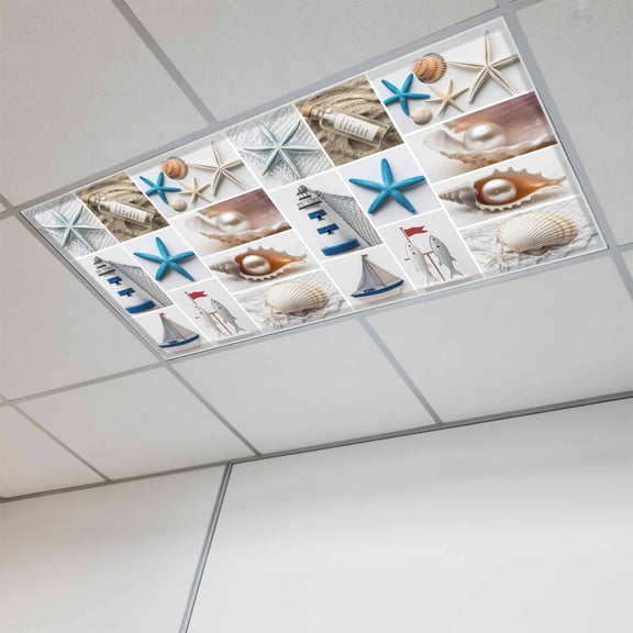 Fluorescent Light Covers for Ceiling Lights Classroom, Coastal Beach Themed Magnetic Ceiling Light Cover Filter for School,Office, 2X4 FT, Pack of 1, Summer Ocean Starfish Shell Boat