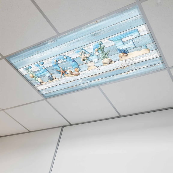 Fluorescent Light Covers for Ceiling Lights Classroom, Coastal Magnetic Ceiling Light Cover Filter for School,Office, 2X4 FT, Pack of 1, Vintage Beach Starfish Shell Aqua Baby Blue