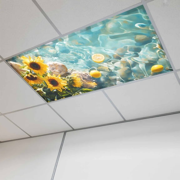 Fluorescent Light Covers for Ceiling Lights Classroom, Country Summer Magnetic Ceiling Light Cover Filter for School,Office, 2X4 FT, Pack of 1, Lake Lemon Sunflower Oil Painting Gold Aqua