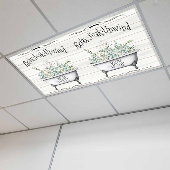 Fluorescent Light Covers for Ceiling Lights Classroom, Farmhouse Bathroom Quotes Magnetic Ceiling Light Cover Filter for School,Office, 2X4 FT, Pack of 1, Soak Relax Unwind Eucalyptus