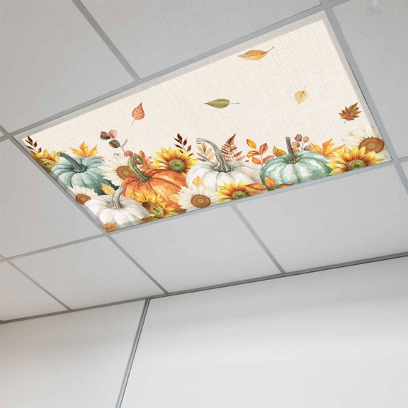 Fluorescent Light Covers for Ceiling Lights Classroom, Farmhouse Fall Thanksgiving Magnetic Ceiling Light Cover Filter for School,Office, 2X4 FT, Pack of 1, Orange White Blue Pumpkins Sunflower