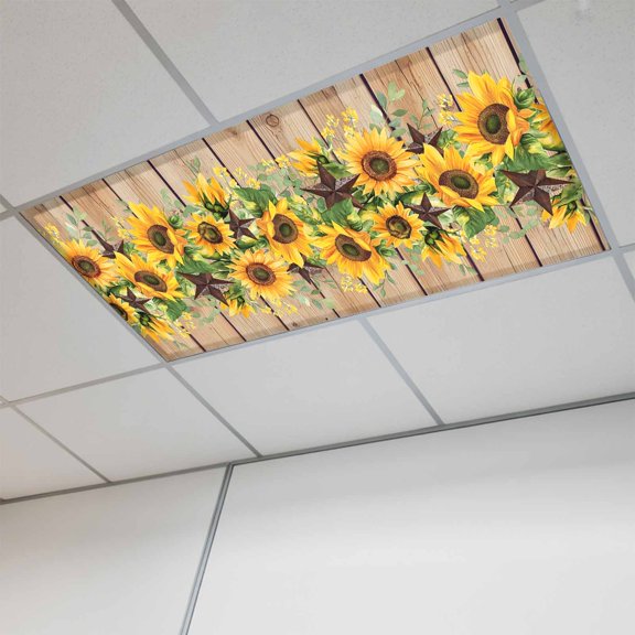 Fluorescent Light Covers for Ceiling Lights Classroom, Farmhouse Floral Sunflower Magnetic Ceiling Light Cover Filter for School,Office, 2X4 FT, Pack of 1, Rustic Barn Star Brown Wood