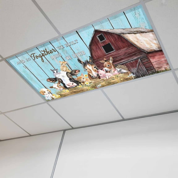 Fluorescent Light Covers for Ceiling Lights Classroom, Farmhouse Magnetic Ceiling Light Cover Filter for School,Office, 2X4 FT, Pack of 1, Barn Horse Sheep Cat Pig Animal Blue Brown