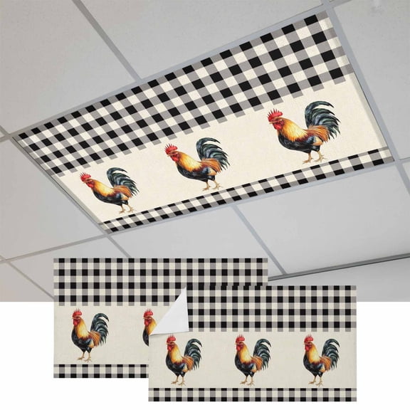 Fluorescent Light Covers for Ceiling Lights Classroom, Farmhouse Rooster Magnetic Ceiling Light Cover Filter for School,Office, 2X4 FT, Pack of 2, Vintage Black White Check Plaid