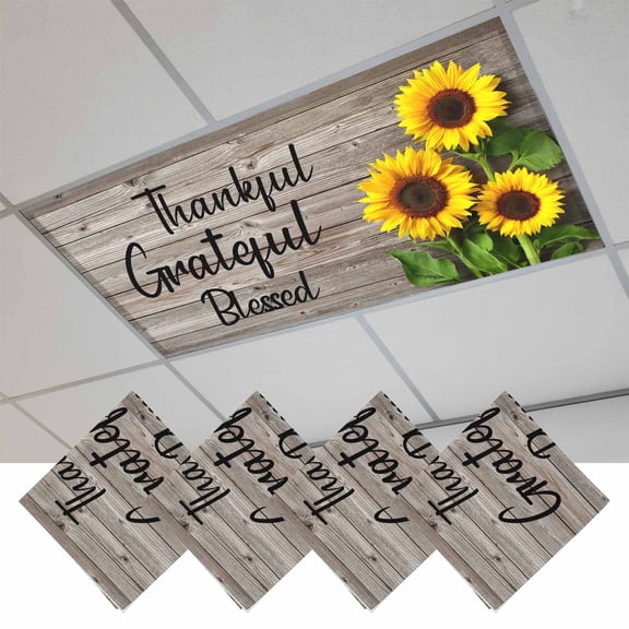 Fluorescent Light Covers for Ceiling Lights Classroom, Farmhouse Sunflower Magnetic Ceiling Light Cover Filter for School,Office, 2X4 FT, Pack of 4, Positive Quotes Thankful Grateful