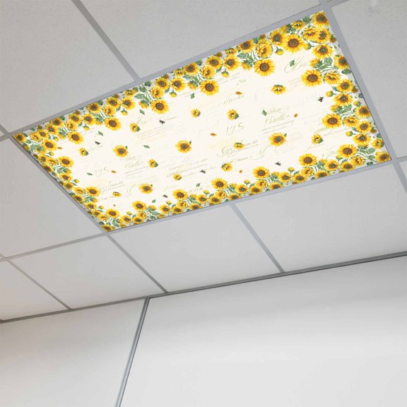 Fluorescent Light Covers for Ceiling Lights Classroom, Farmhouse Sunflowers Floral Print Magnetic Ceiling Light Cover Filter for School,Office, 2X4 FT, Pack of 1, Beige