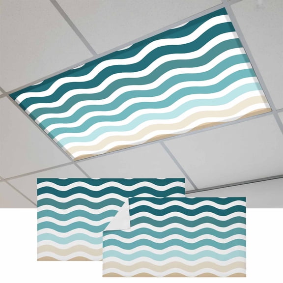 Fluorescent Light Covers for Ceiling Lights Classroom, Geometric Beach Striped Pattern Magnetic Ceiling Light Cover Filter for School,Office, 2X4 FT, Pack of 2, Teal Brown White Wave Pattern