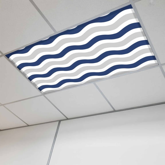 Fluorescent Light Covers for Ceiling Lights Classroom, Geometric Striped Pattern Magnetic Ceiling Light Cover Filter for School,Office, 2X4 FT, Pack of 1, Navy Grey White Wave Pattern
