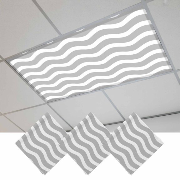 Fluorescent Light Covers for Ceiling Lights Classroom, Geometric Striped Pattern Magnetic Ceiling Light Cover Filter for School,Office, 2X4 FT, Pack of 3, Dark Gray White Wave Pattern