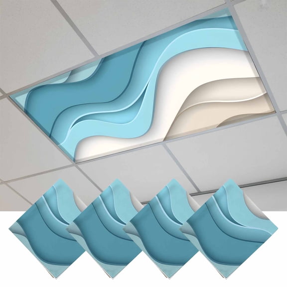 Fluorescent Light Covers for Ceiling Lights Classroom, Gradient Blue Brown Beach Magnetic Ceiling Light Cover Filter for School,Office, 2X4 FT, Pack of 4, Abstract Coastal Ocean Wave