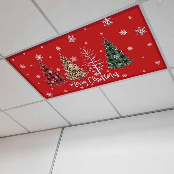 Fluorescent Light Covers for Ceiling Lights Classroom, Merry Christmas Vintage Magnetic Ceiling Light Cover Filter for School,Office, 2X4 FT, Pack of 1, Christmas Tree Leopard Print Red Snow