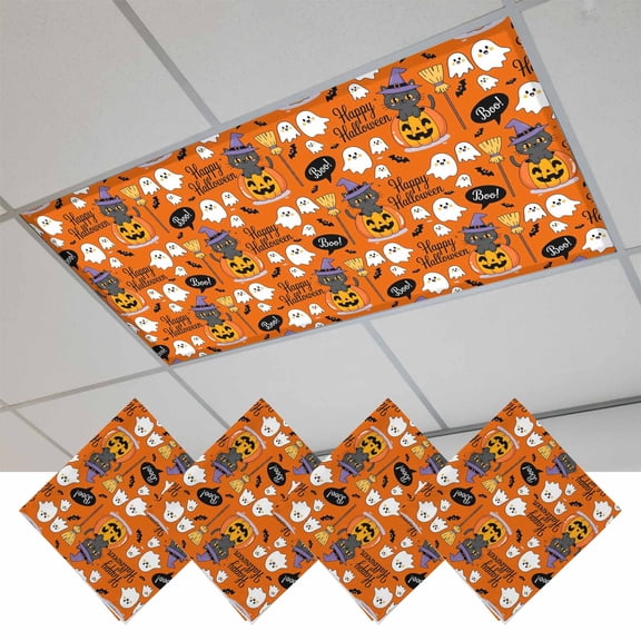 Fluorescent Light Covers for Ceiling Lights Classroom, Orange Boo Ghost Halloween Magnetic Ceiling Light Cover Filter for School,Office, 2X4 FT, Pack of 4, Black Cat Pumpkin Broom Bats