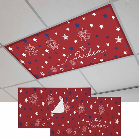 Fluorescent Light Covers for Ceiling Lights Classroom, Patriotic 4th of July Magnetic Ceiling Light Cover Filter for School,Office, 2X4 FT, Pack of 2, Red White Blue Stars Freedom Memorial Day Summer
