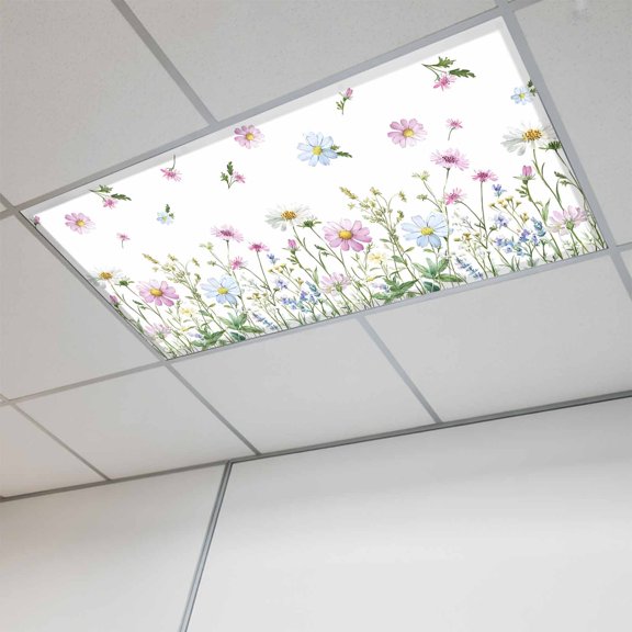 Fluorescent Light Covers for Ceiling Lights Classroom, Pink Blue Daisy Floral Magnetic Ceiling Light Cover Filter for School,Office, 2X4 FT, Pack of 1, Wildflowers Herbs Botanical White