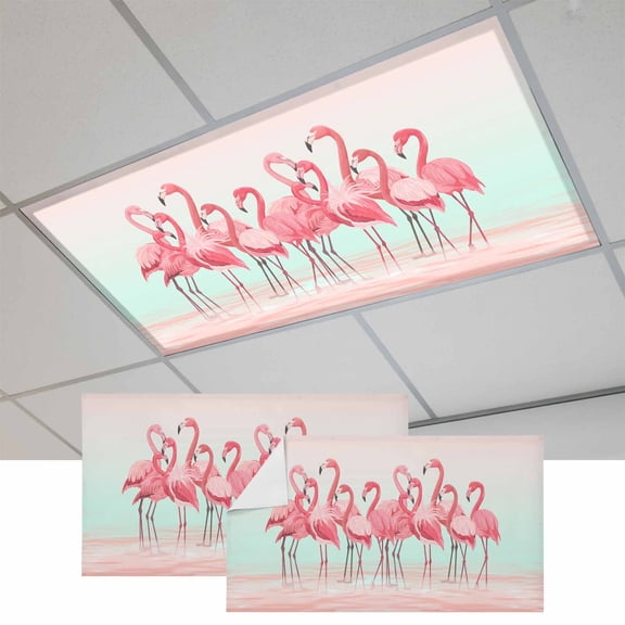 Fluorescent Light Covers for Ceiling Lights Classroom, Pink Tropical Flamingo Magnetic Ceiling Light Cover Filter for School,Office, 2X4 FT, Pack of 2, Teal Beach