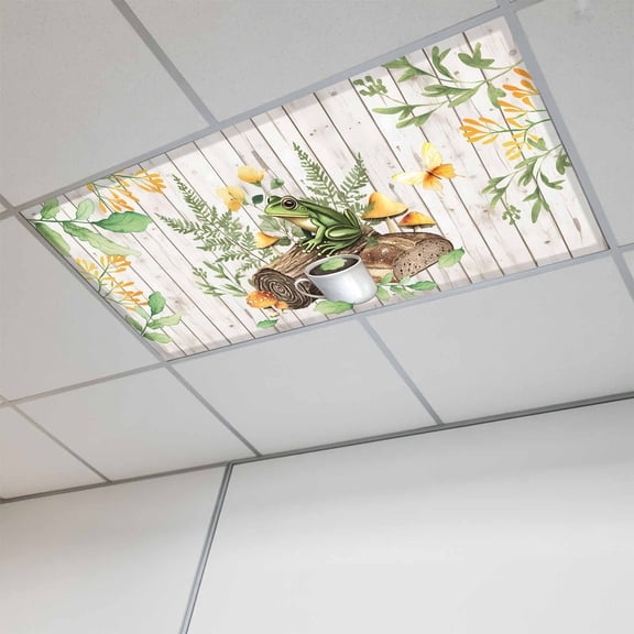 Fluorescent Light Covers for Ceiling Lights Classroom, Retro Tropical Magnetic Ceiling Light Cover Filter for School,Office, 2X4 FT, Pack of 1, Frog Coffee Mushroom Plant Green