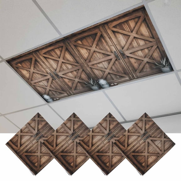 Fluorescent Light Covers for Ceiling Lights Classroom, Rustic Farmhouse Magnetic Ceiling Light Cover Filter for School,Office, 2X4 FT, Pack of 4, Barn Door Countryside Brown