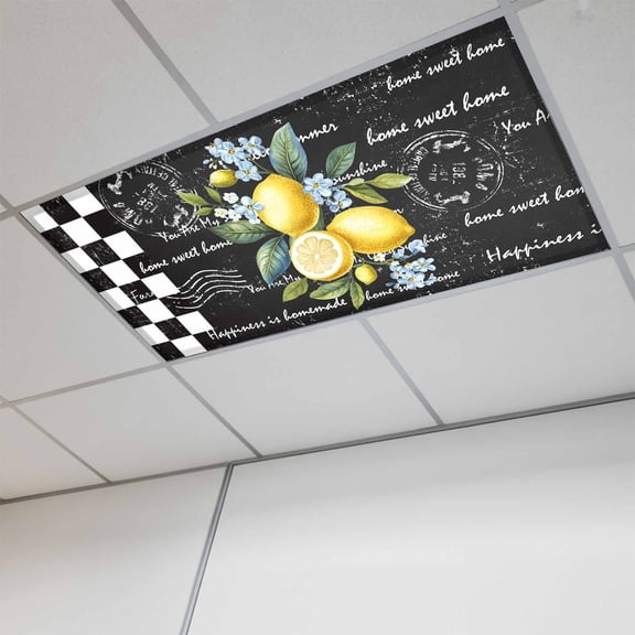 Fluorescent Light Covers for Ceiling Lights Classroom, Rustic Vintage Magnetic Ceiling Light Cover Filter for School,Office, 2X4 FT, Pack of 1, Lemon Flowers Checkered Summer Yellow Black
