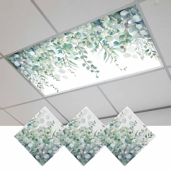 Fluorescent Light Covers for Ceiling Lights Classroom, Sage Green Eucalyptus Magnetic Ceiling Light Cover Filter for School,Office, 2X4 FT, Pack of 3, Rustic Watercolor Leaves Floral