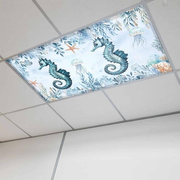 Fluorescent Light Covers for Ceiling Lights Classroom, Summer Ocean Magnetic Ceiling Light Cover Filter for School,Office, 2X4 FT, Pack of 1, Coastal Seahorse Coral Pattern Turquoise