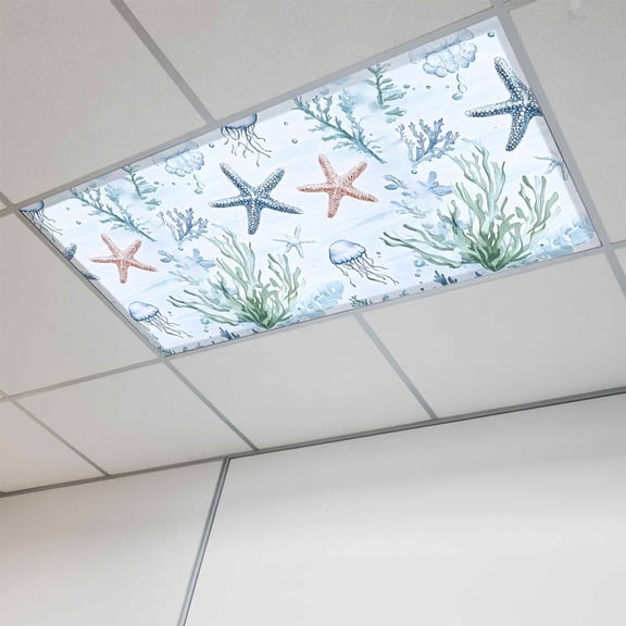Fluorescent Light Covers for Ceiling Lights Classroom, Summer Ocean Magnetic Ceiling Light Cover Filter for School,Office, 2X4 FT, Pack of 1, Coastal Starfish Coral Jellyfish Aqua Blue