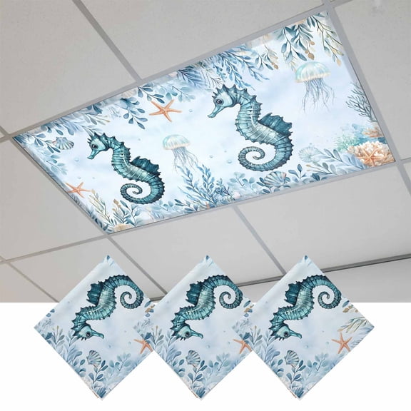 Fluorescent Light Covers for Ceiling Lights Classroom, Summer Ocean Magnetic Ceiling Light Cover Filter for School,Office, 2X4 FT, Pack of 3, Coastal Seahorse Coral Pattern Turquoise