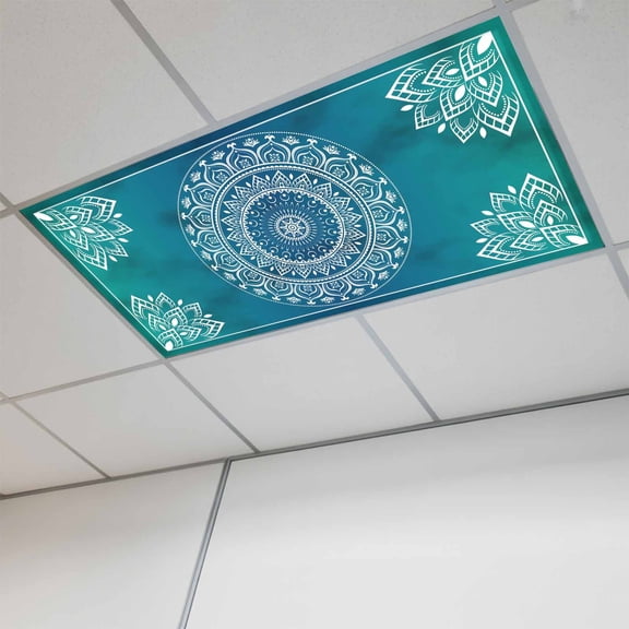 Fluorescent Light Covers for Ceiling Lights Classroom, Teal Blue Bohemian Magnetic Ceiling Light Cover Filter for School,Office, 2X4 FT, Pack of 1, Retro Man-dala Pattern White