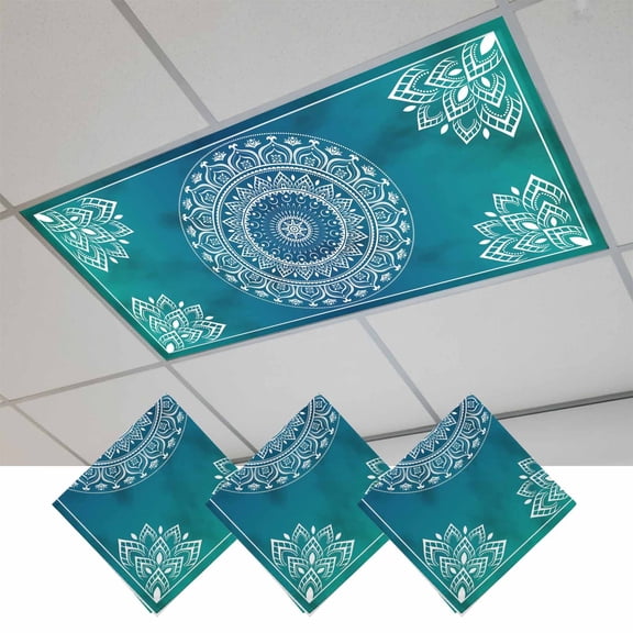 Fluorescent Light Covers for Ceiling Lights Classroom, Teal Blue Bohemian Magnetic Ceiling Light Cover Filter for School,Office, 2X4 FT, Pack of 3, Retro Man-dala Pattern White
