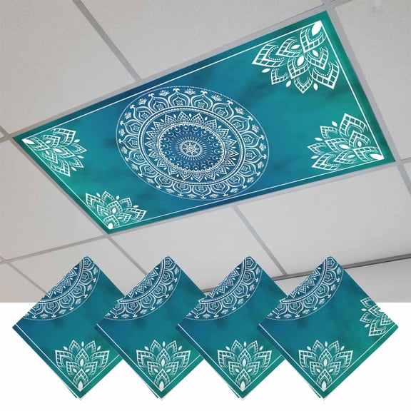 Fluorescent Light Covers for Ceiling Lights Classroom, Teal Blue Bohemian Magnetic Ceiling Light Cover Filter for School,Office, 2X4 FT, Pack of 4, Retro Man-dala Pattern White