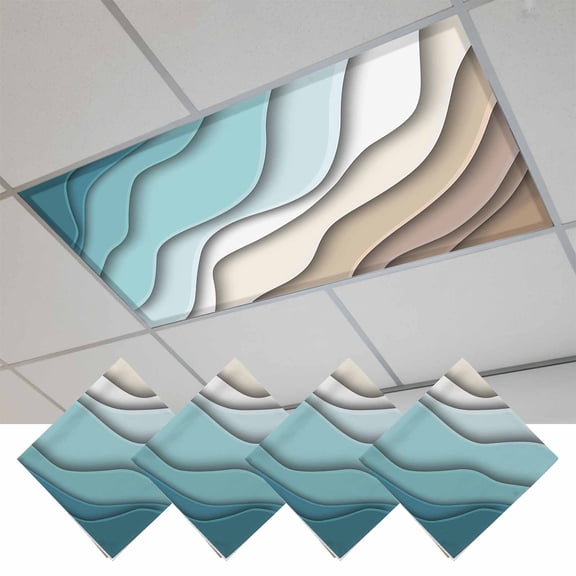 Fluorescent Light Covers for Ceiling Lights Classroom, Teal Brown Beach Coastal Magnetic Ceiling Light Cover Filter for School,Office, 2X4 FT, Pack of 4, Abstract Geometric Ocean Waves