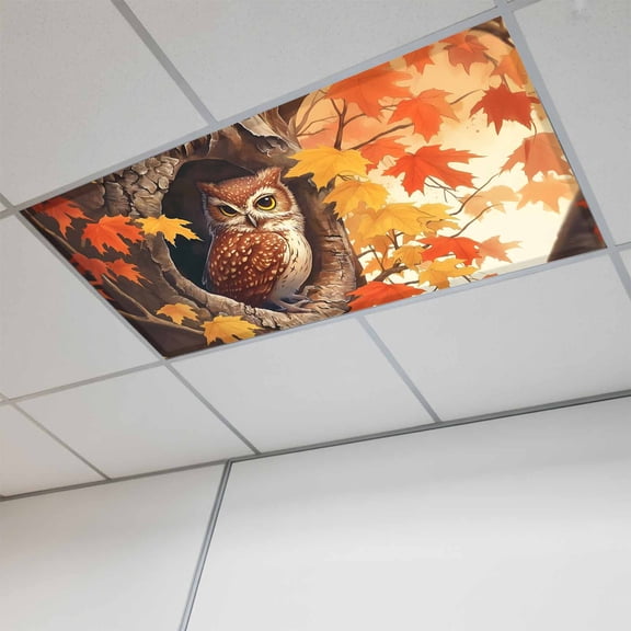 Fluorescent Light Covers for Ceiling Lights Classroom, Thanksgiving Autumn Magnetic Ceiling Light Cover Filter for School,Office, 2X4 FT, Pack of 1, Red Maple Leaves Owl Fire Orange