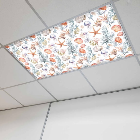 Fluorescent Light Covers for Ceiling Lights Classroom, Tropical Coastal Magnetic Ceiling Light Cover Filter for School,Office, 2X4 FT, Pack of 1, Watercolor Starfish Starfish Print Orange