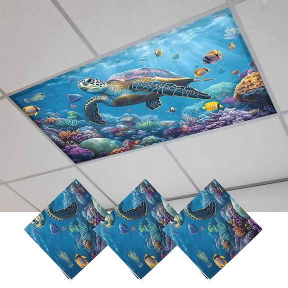 Fluorescent Light Covers for Ceiling Lights Classroom, Tropical Coastal Magnetic Ceiling Light Cover Filter for School,Office, 2X4 FT, Pack of 3, Ocean Sea Turtle Coral Fish Blue