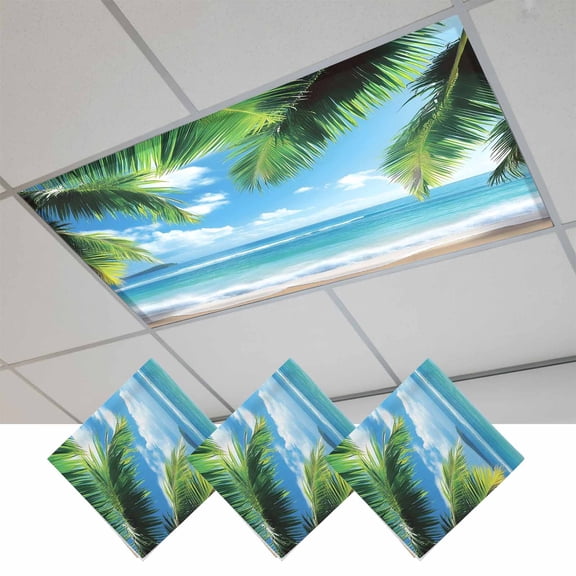 Fluorescent Light Covers for Ceiling Lights Classroom, Tropical Summer Magnetic Ceiling Light Cover Filter for School,Office, 2X4 FT, Pack of 3, Beach Ocean Coconut Tree Bule Green
