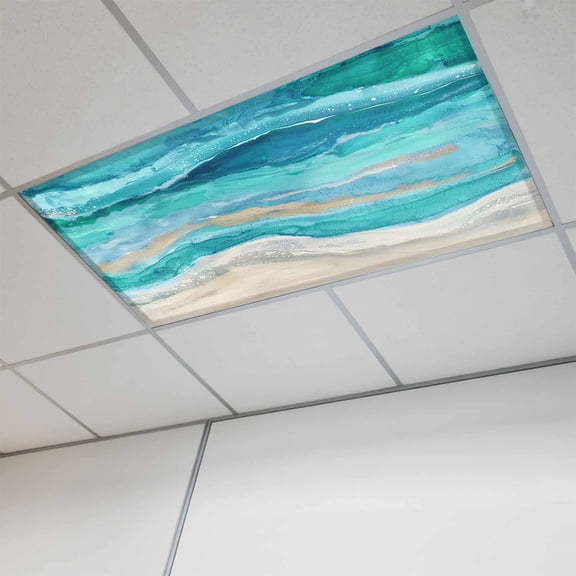 Fluorescent Light Covers for Ceiling Lights Classroom, Turquoise Coastal Beach Magnetic Ceiling Light Cover Filter for School,Office, 2X4 FT, Pack of 1, Abstract Teal Oceans Waves