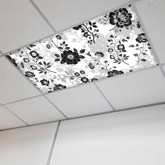 Fluorescent Light Covers for Ceiling Lights Classroom, Vintage Black Floral Magnetic Ceiling Light Cover Filter for School,Office, 2X4 FT, Pack of 1, Abstract Flower Blooms