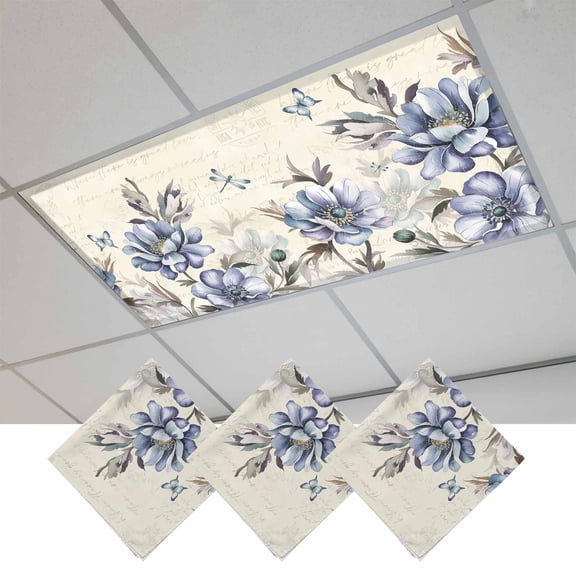 Fluorescent Light Covers for Ceiling Lights Classroom, Vintage Butterfly Floral Magnetic Ceiling Light Cover Filter for School,Office, 2X4 FT, Pack of 3, Blue Beige