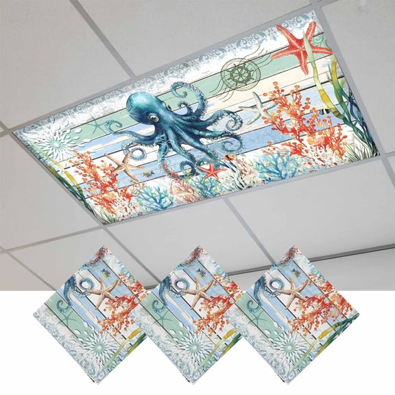 Fluorescent Light Covers for Ceiling Lights Classroom, Vintage Coastal Magnetic Ceiling Light Cover Filter for School,Office, 2X4 FT, Pack of 3, Wood Texture Octopus Coral Aqua Blue