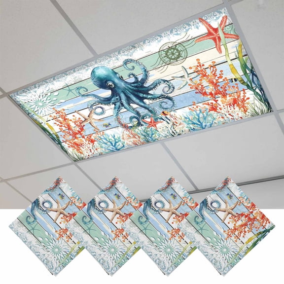 Fluorescent Light Covers for Ceiling Lights Classroom, Vintage Coastal Magnetic Ceiling Light Cover Filter for School,Office, 2X4 FT, Pack of 4, Wood Texture Octopus Coral Aqua Blue