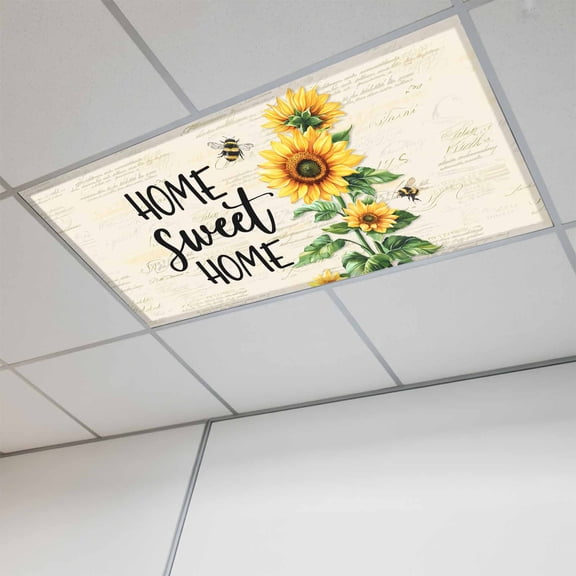 Fluorescent Light Covers for Ceiling Lights Classroom, Vintage Floral Sunflower Bee Magnetic Ceiling Light Cover Filter for School,Office, 2X4 FT, Pack of 1, Home Sweet Home Beige